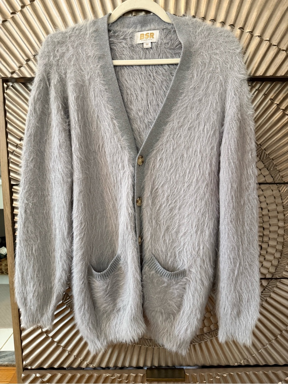Soft Fuzzy V-Neck Cardigan Sweater in Light Gray